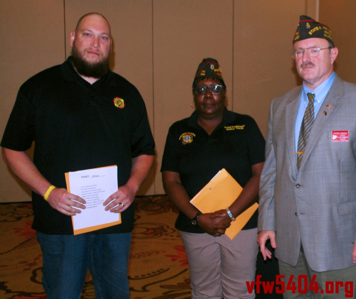 Department of Alabama State Convention June 2017 
Awards for VFW Post 5404 Auburn, Al
Photo: Post 5404 Commander Josh Stone District 5 Commander Janice Harris Senior Vice Commander Jerry Anger (Left to Right)